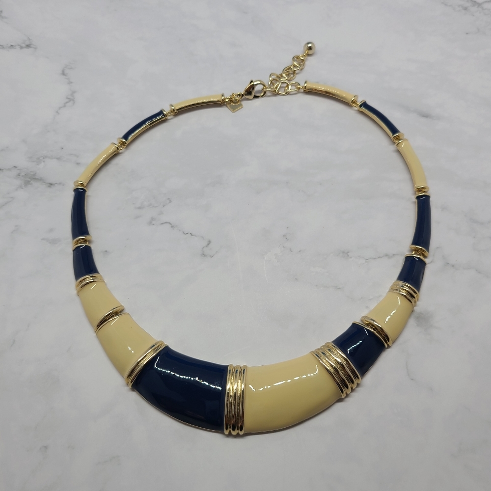 Banana Republic Enamel Collar Necklace Blue Cream Gold Tone BR Tag